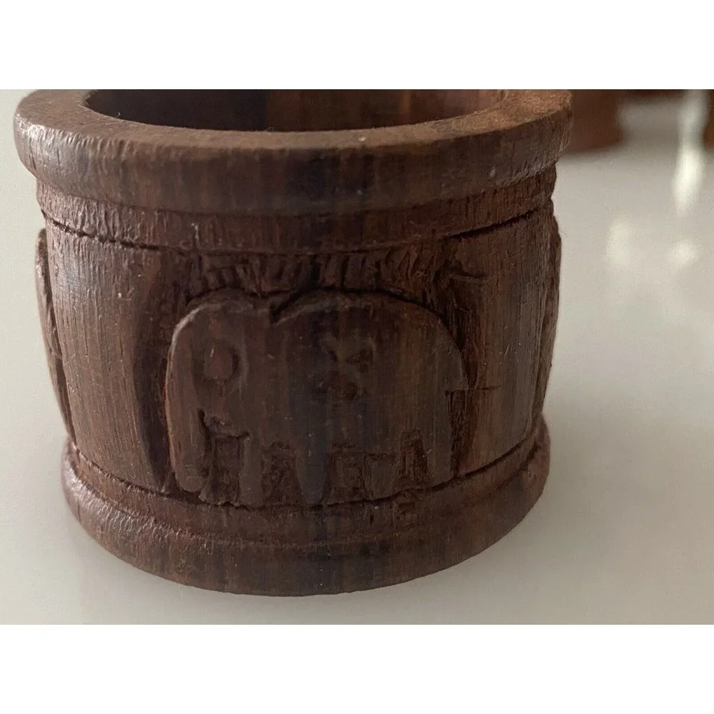 Vintage Elephant Retro Boho Hand Carved Wood Napkin Rings Holders India Set Of 8